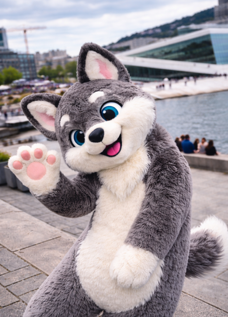 Huskymaskot ved Operaen i Oslo